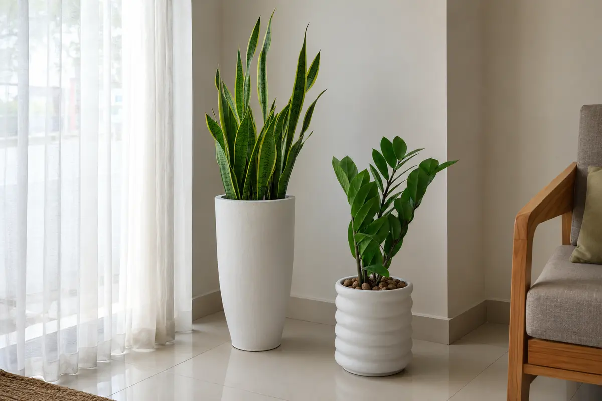 Snake Plant and ZZ Plant near a softly lit window in an indoor corner