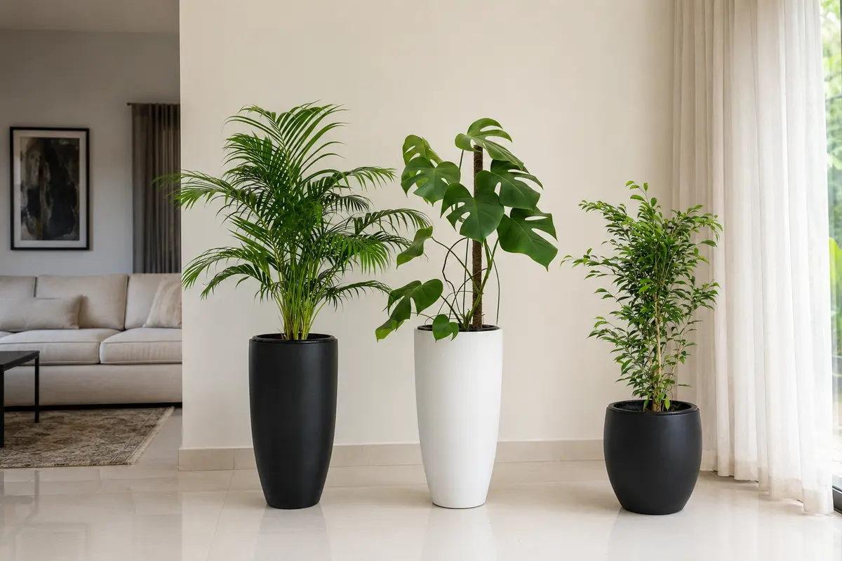 Areca Palm, Monstera and Benjamina in premium floor pots inside a living room