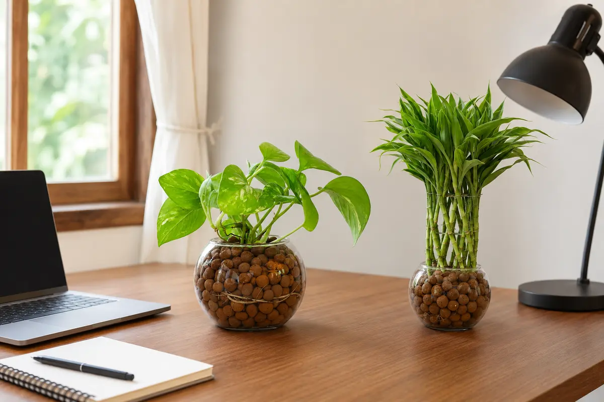 PlantMe Pothos and Lucky Bamboo table plants on a home-office desk