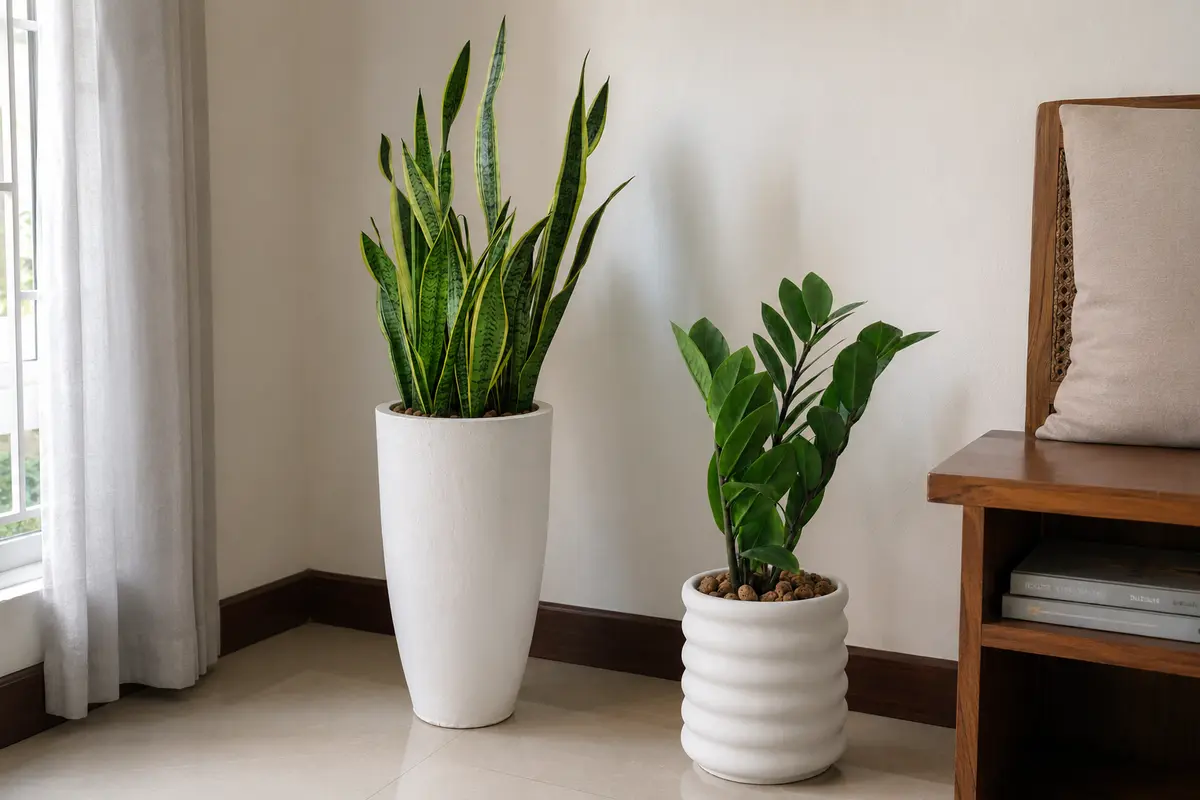 Snake Plant and ZZ Plant in an apartment corner with indirect light
