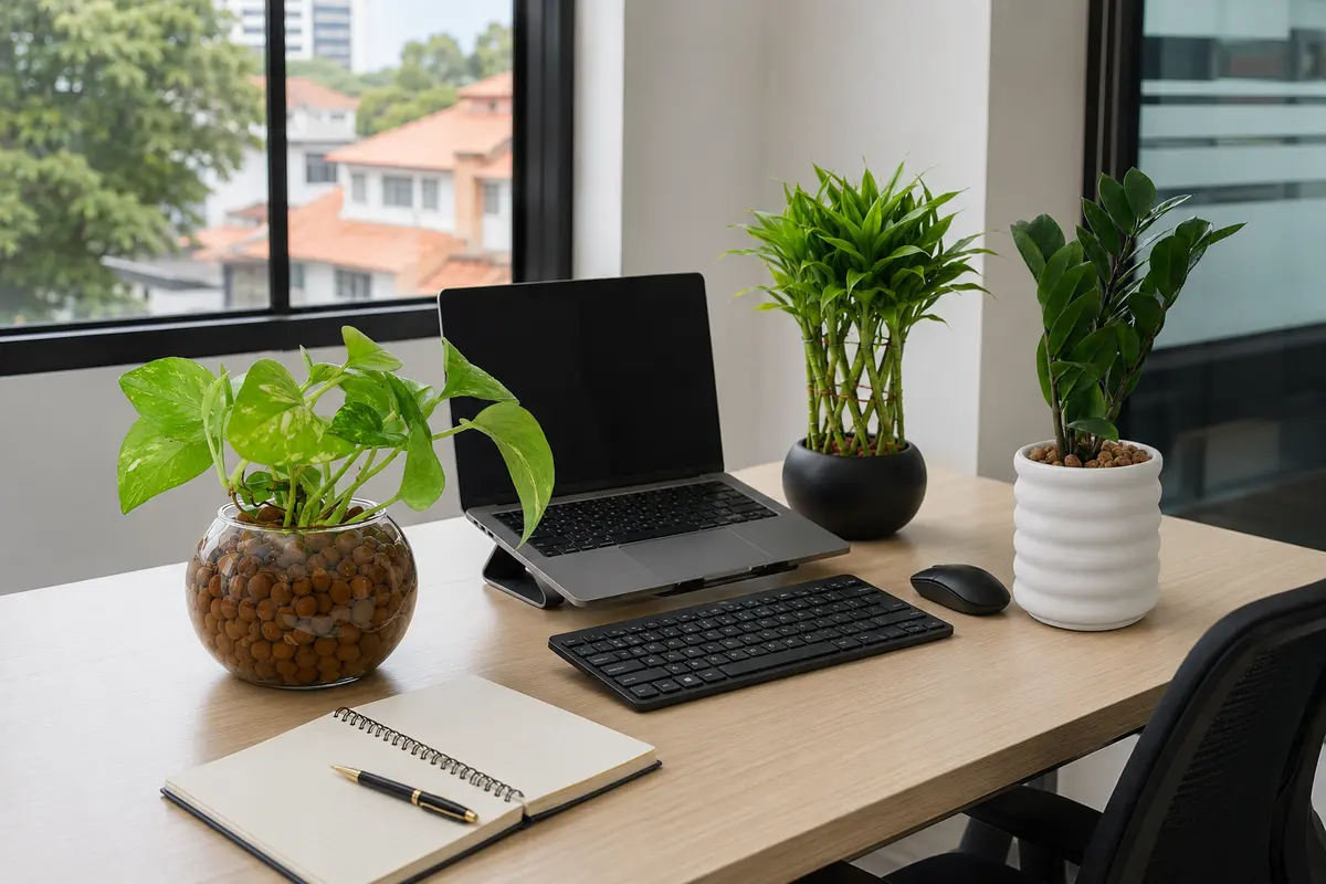 Easy-care PlantMe plants arranged on an office desk