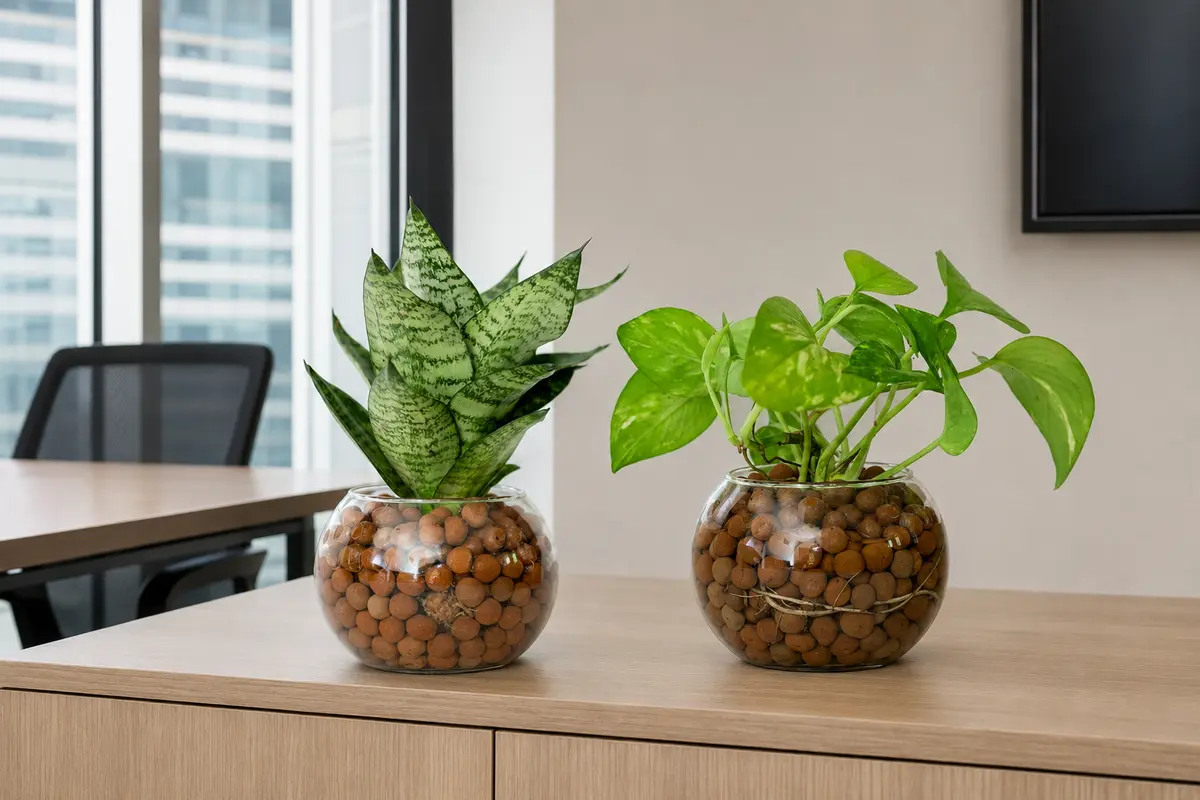 PlantMe plants in glass pots with LECA on an office table
