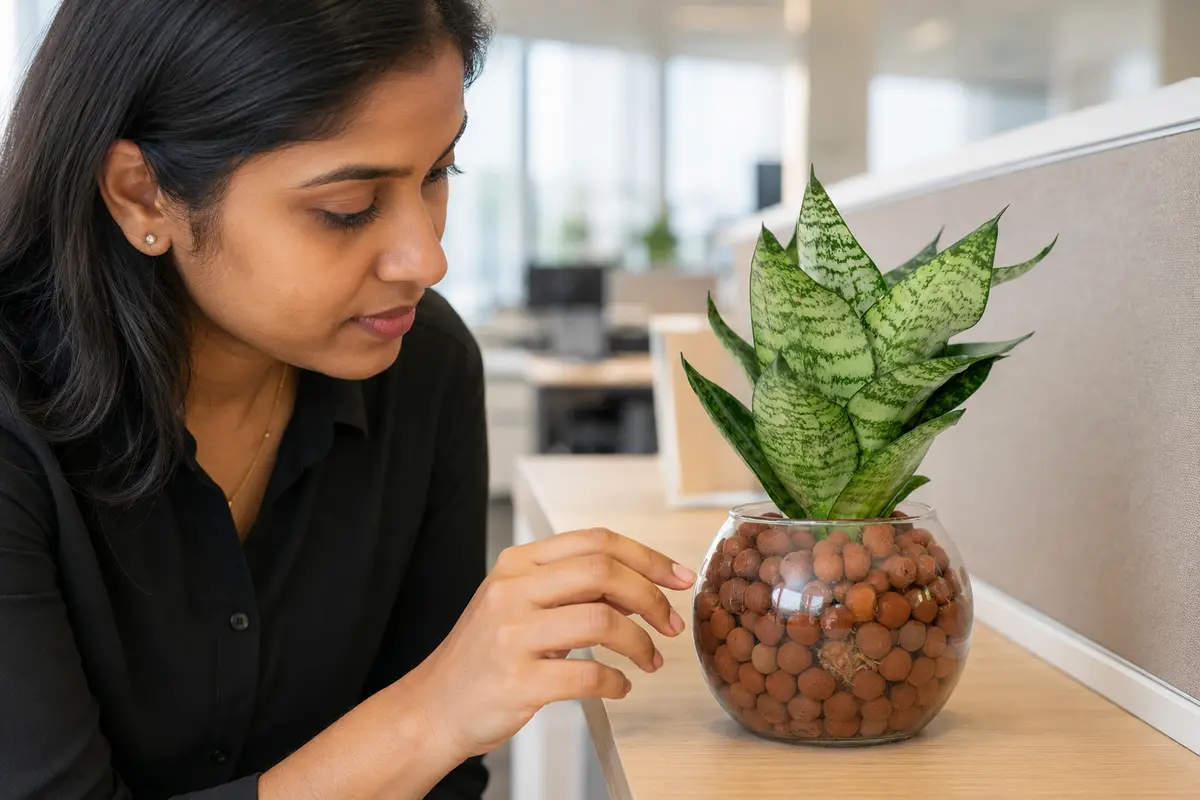 Office worker checking a desk plant as part of a shared care routine