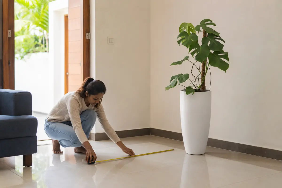 Person measuring floor and canopy space for a large indoor plant