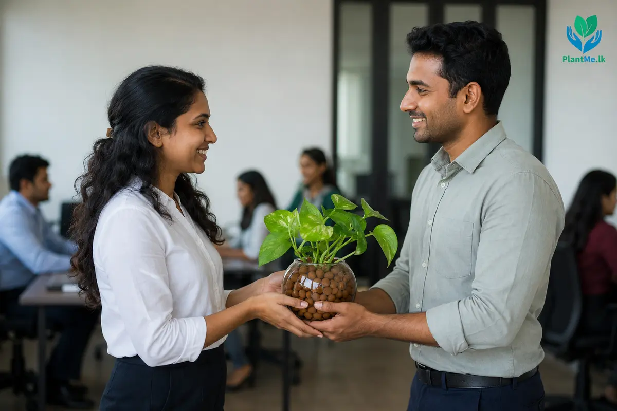Employee receiving a PlantMe desk plant gift in an office