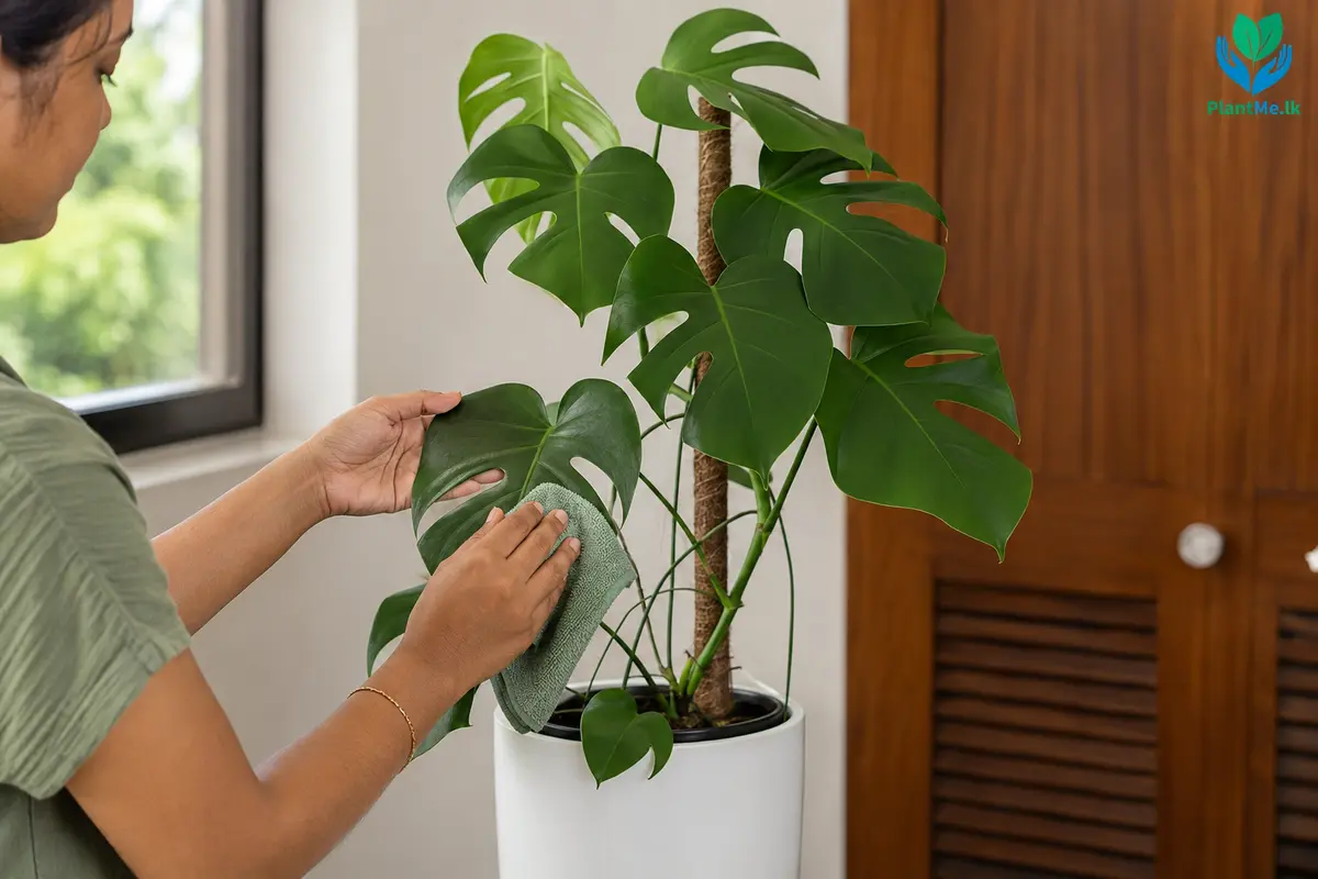 Large Monstera leaf being cleaned gently