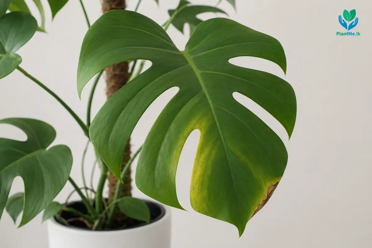 Monstera leaf showing realistic yellowing and a brown edge
