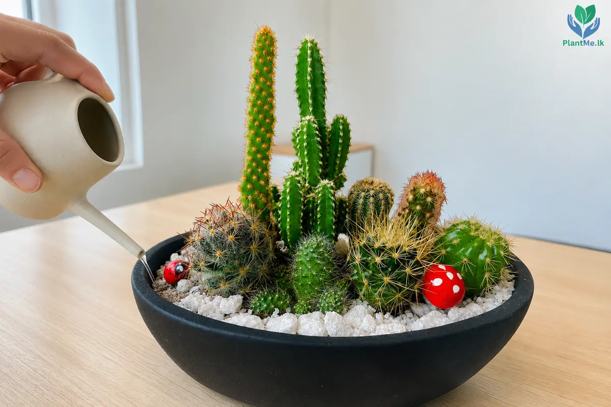 Careful watering of a dry cactus growing medium