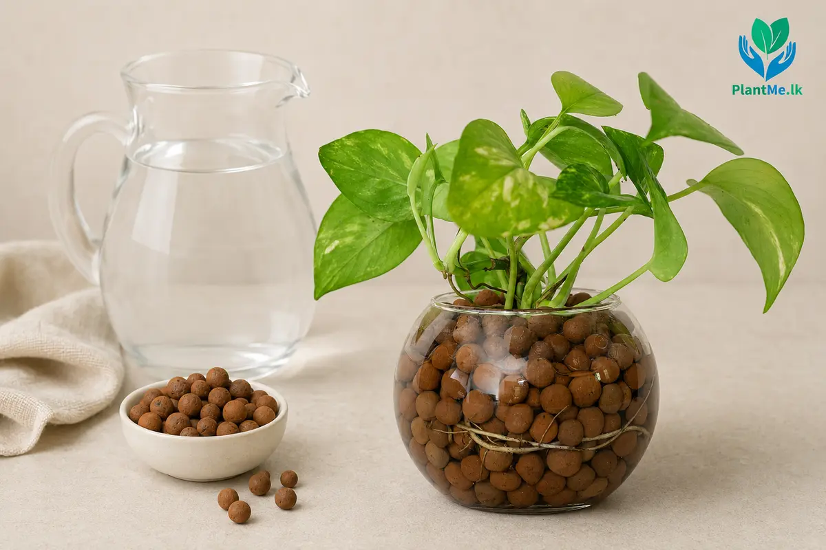 Clean LECA glass container water and plant prepared for setup