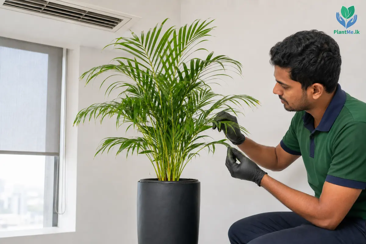 Office worker checking a plant with mild brown leaf tips