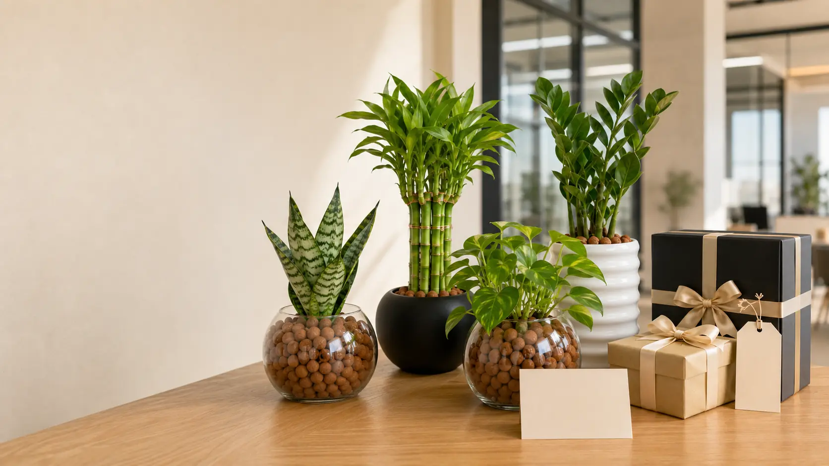 PlantMe corporate plant gifts in glass, black and white pots arranged with gift boxes