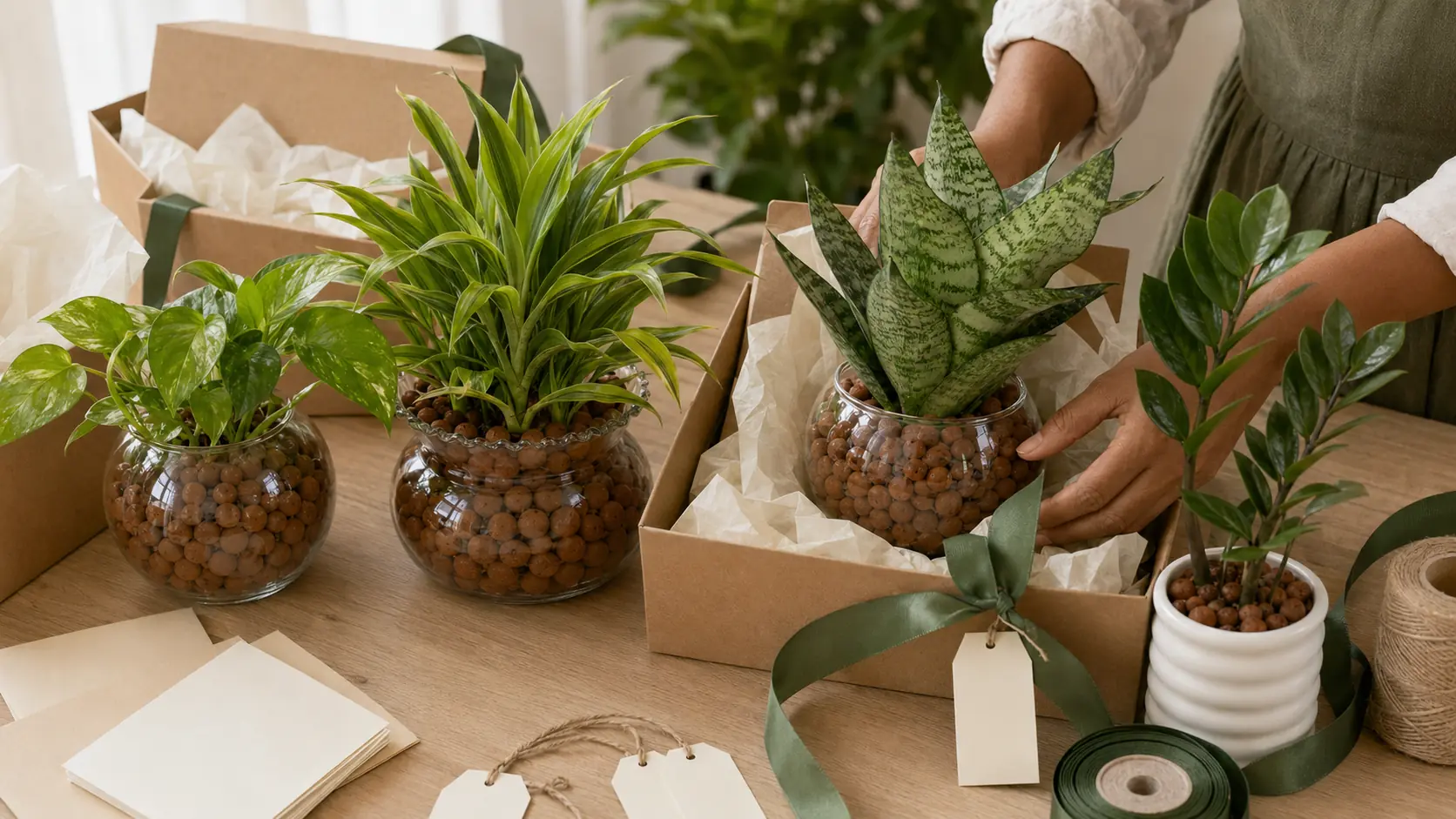 PlantMe plants being prepared with gift boxes, blank message tags and protective packaging