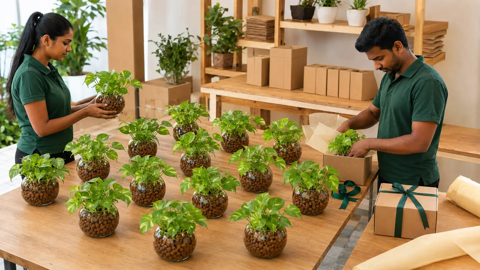 Bulk PlantMe Pothos plants in rounded glass LECA pots being prepared for a corporate order