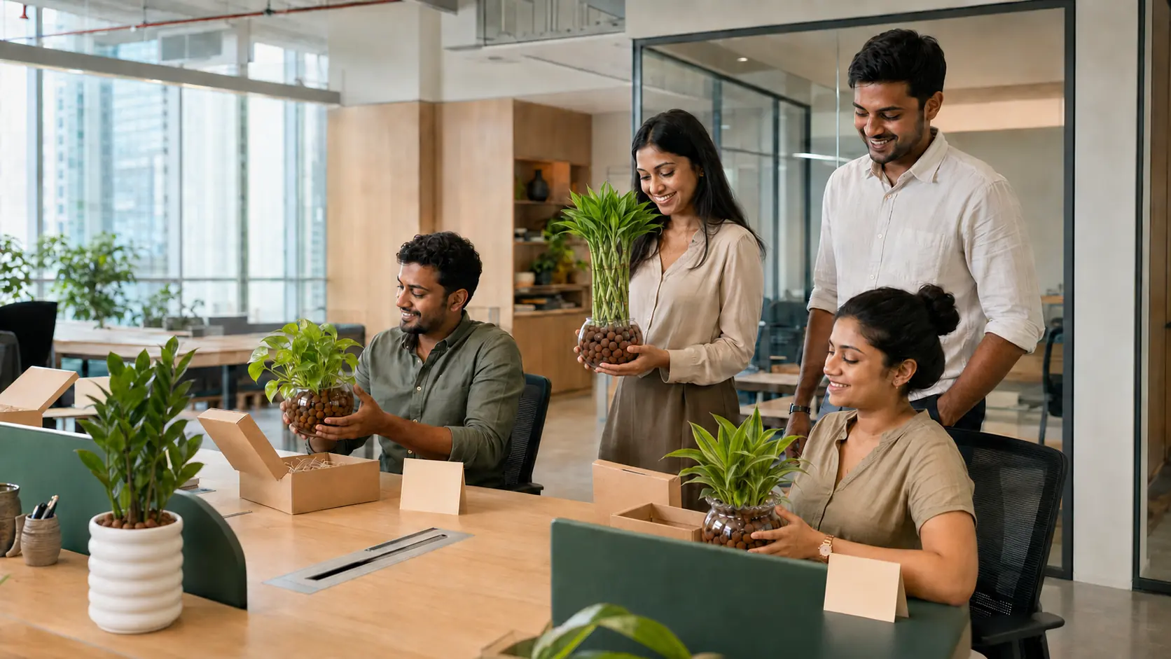 Employees receiving PlantMe desk plants as corporate gifts in a modern Sri Lankan office