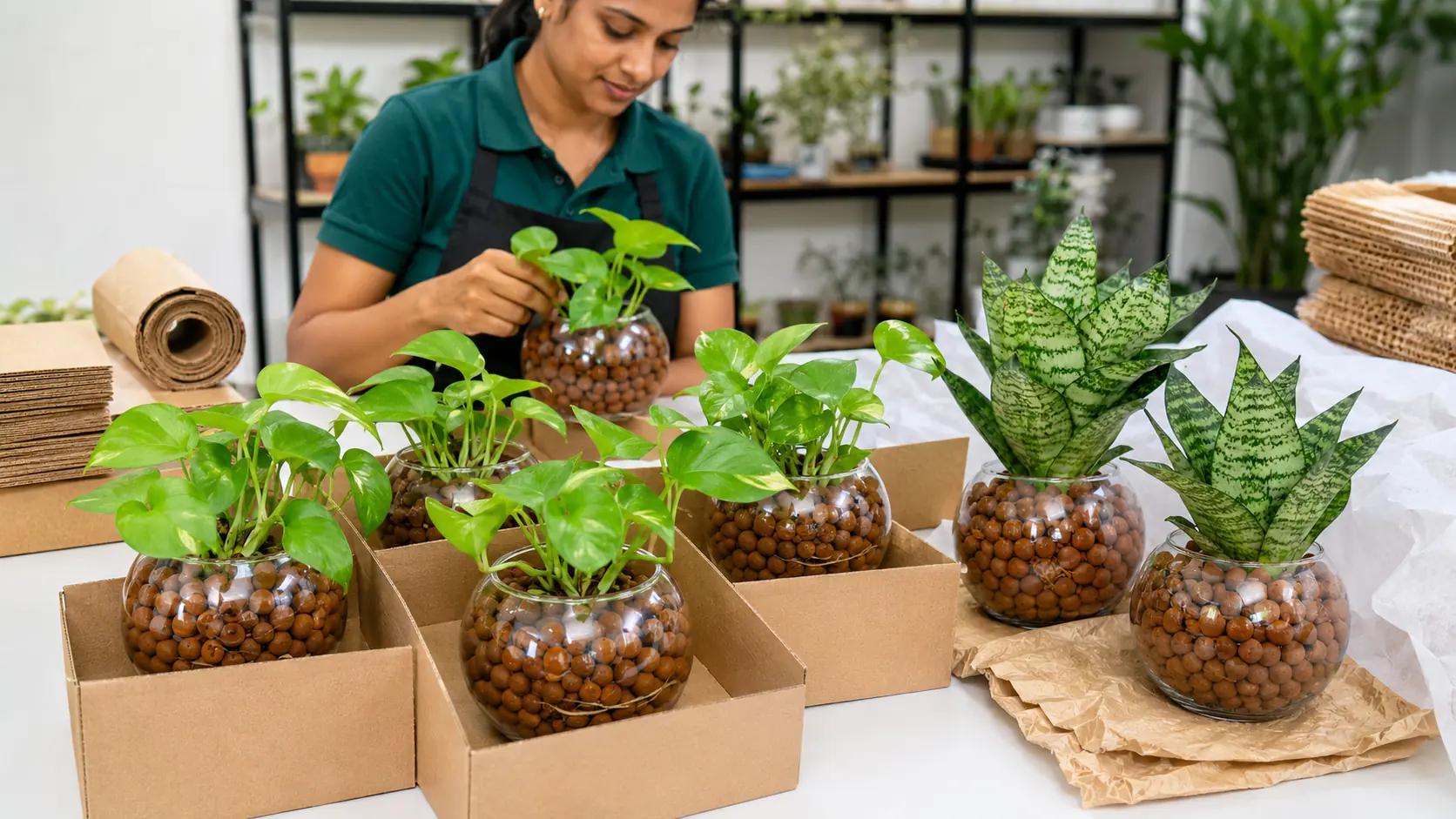 PlantMe Pothos and Sansevieria plants in rounded glass LECA pots being packed for delivery