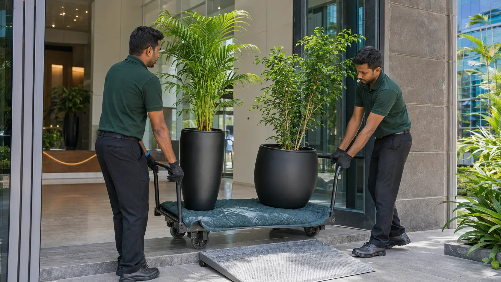 PlantMe delivery team safely transporting large Areca Palm and Benjamina pots on a trolley