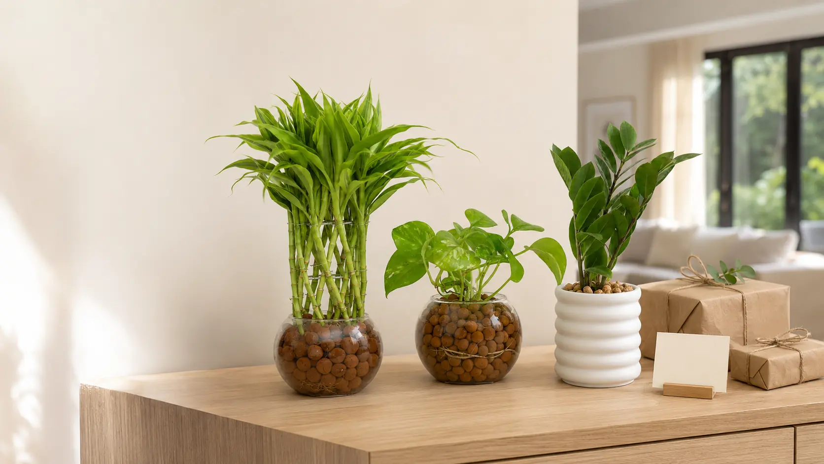 PlantMe Lucky Bamboo, Pothos and ZZ Plant gifts arranged with neutral gift boxes