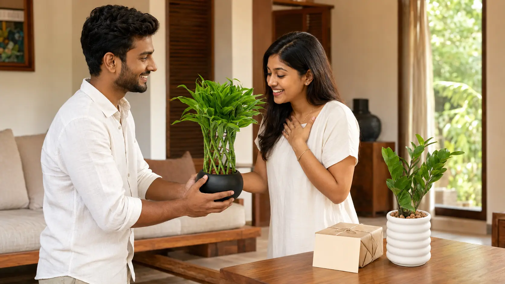 A PlantMe Lucky Bamboo gift being given for a birthday or congratulations occasion