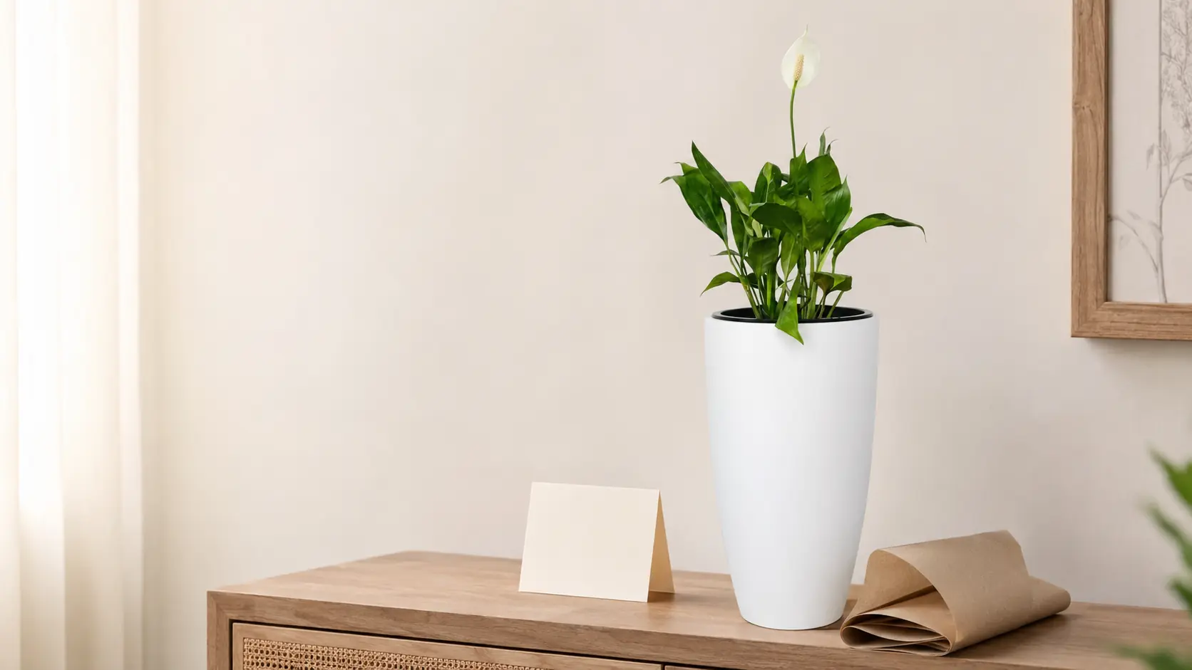 A restrained PlantMe Peace Lily sympathy gift in a white pot with a blank message card