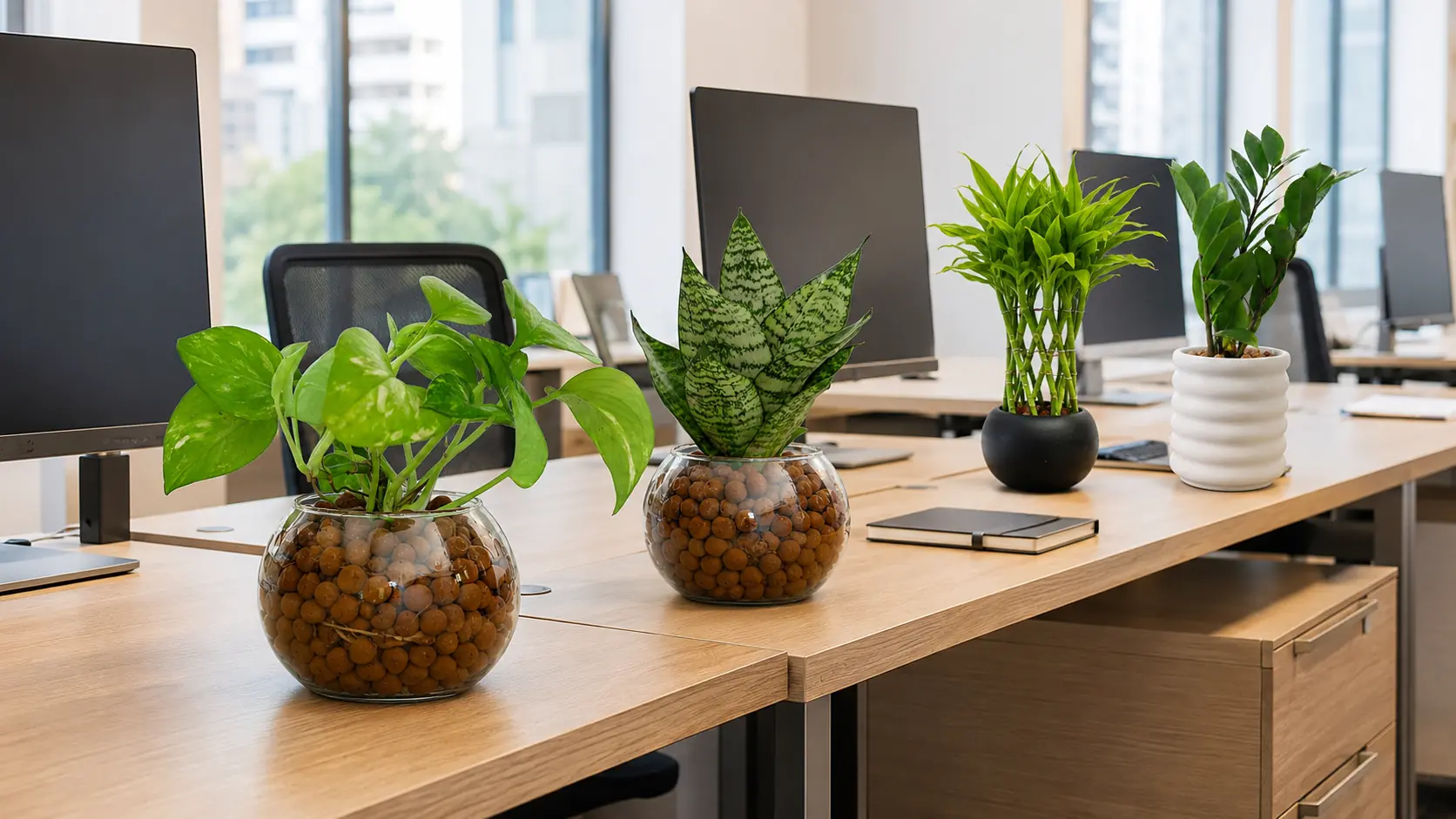 PlantMe Pothos, Sansevieria, Lucky Bamboo and ZZ desk plants on office workstations