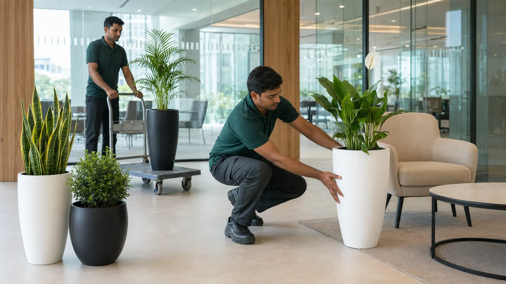PlantMe team positioning office plants in black and white pots inside a Colombo workplace